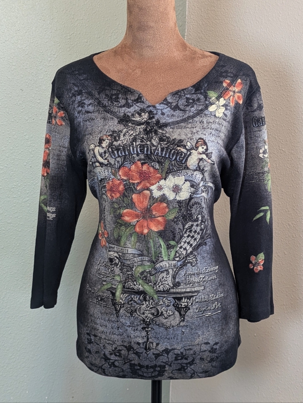 Floral Garden Angel V-Neck Top - Black with Orange & Green Flowers